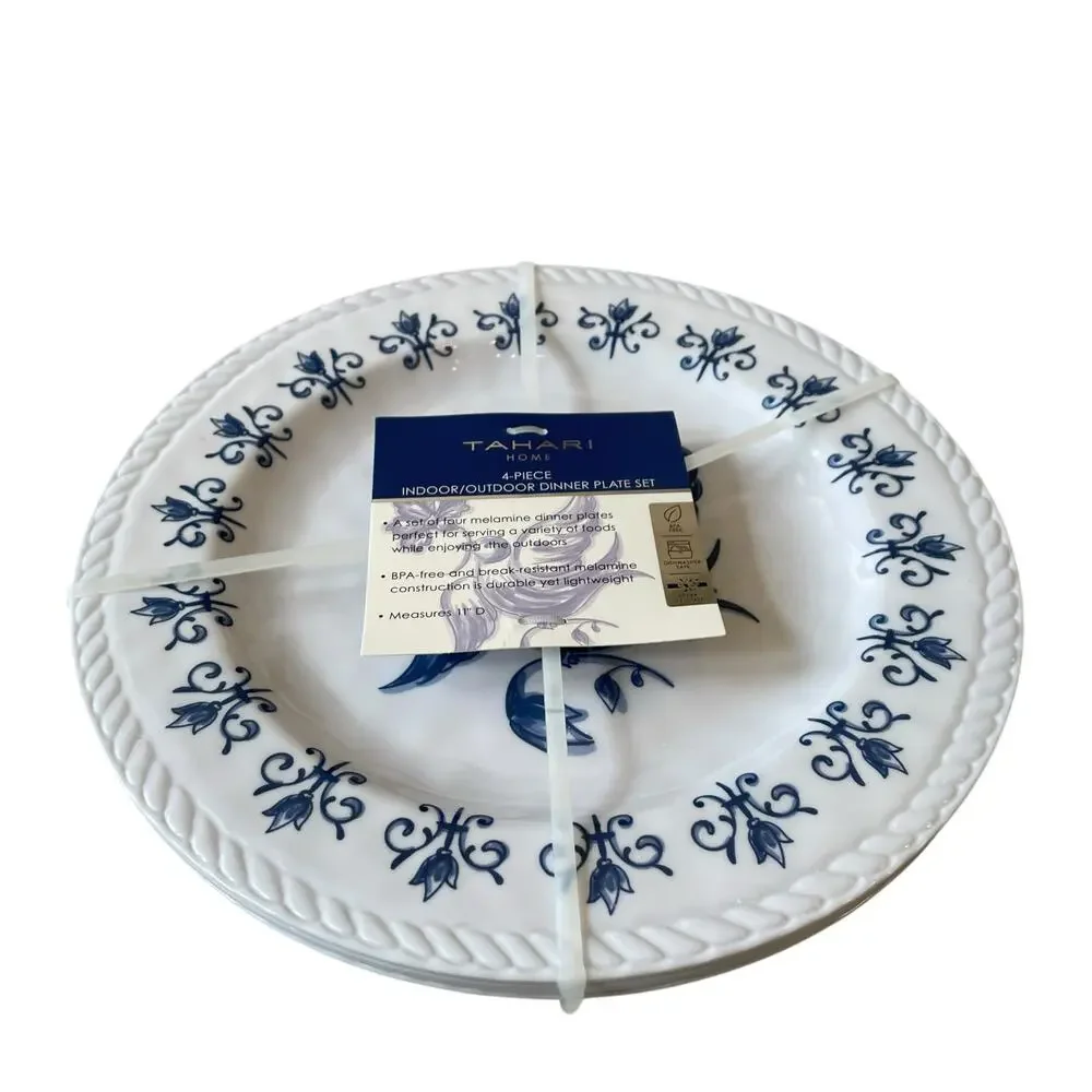 TAHARI Dove Bird of Peace Melamine Dinner Plates 11in  Set of 4 Blue & White NEW